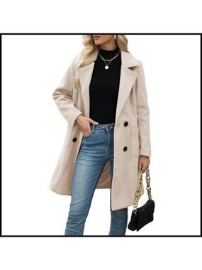 Wool Blend Double-Breasted Pea Coat Notch Lapel Winter Jacket